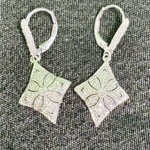 Gorgeous sparkly EA .925 Paved Drop Earrings with a fleur-de-lis looking design
